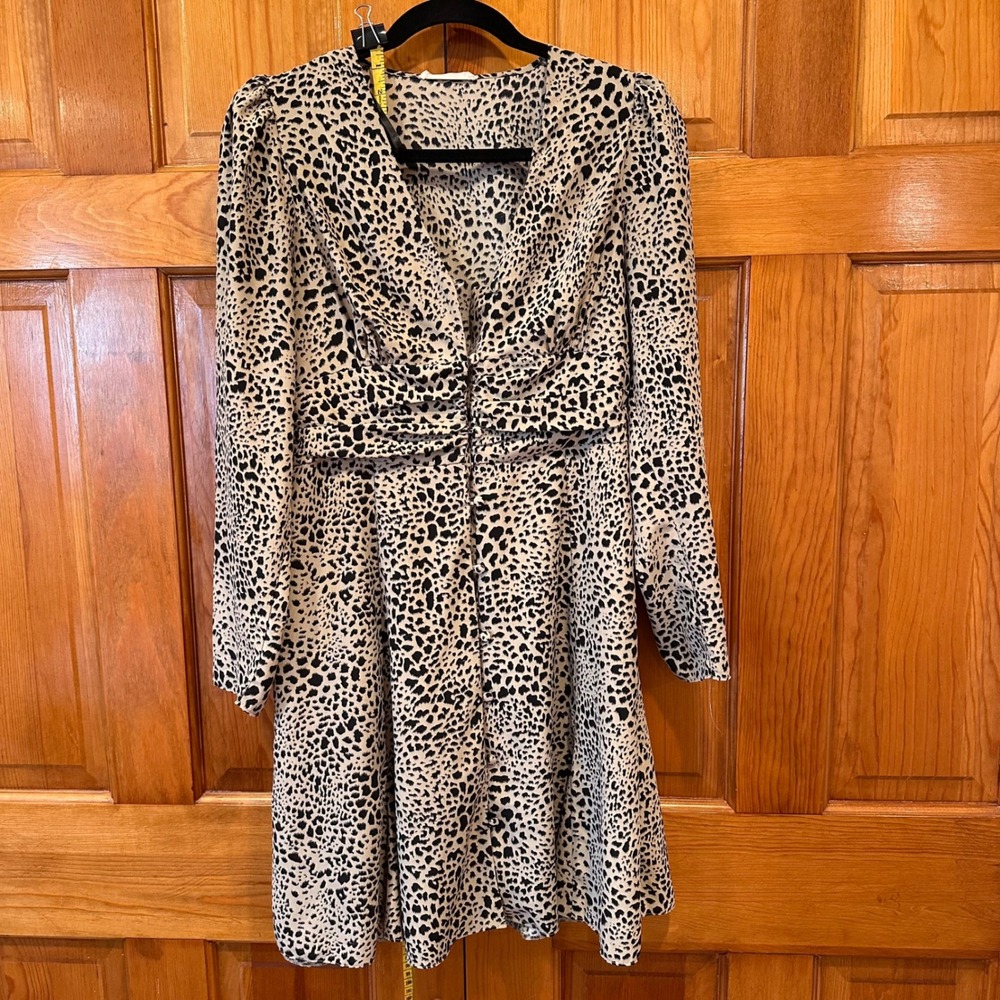 Primark Womens Leopard Print V-Neck Long Sleeve Mini Dress Tan Black Size 6